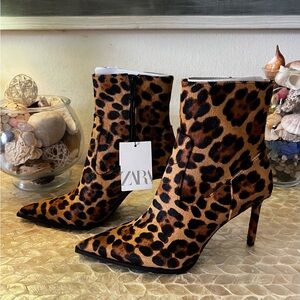 ZARA NWT Leopard Print Pointed Toe Ankle Boots Leather Calf Hair SZ: 38